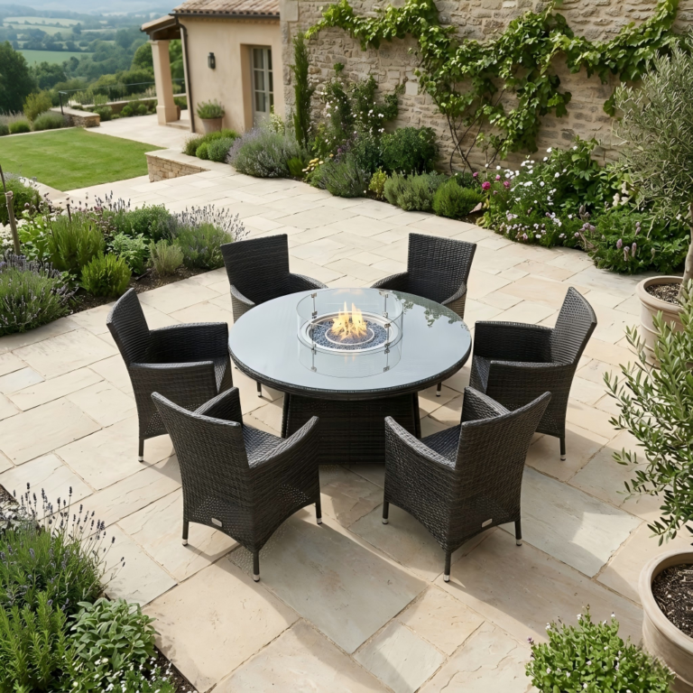 Durable commercial outdoor furniture arranged on a modern patio with high-quality finishes.