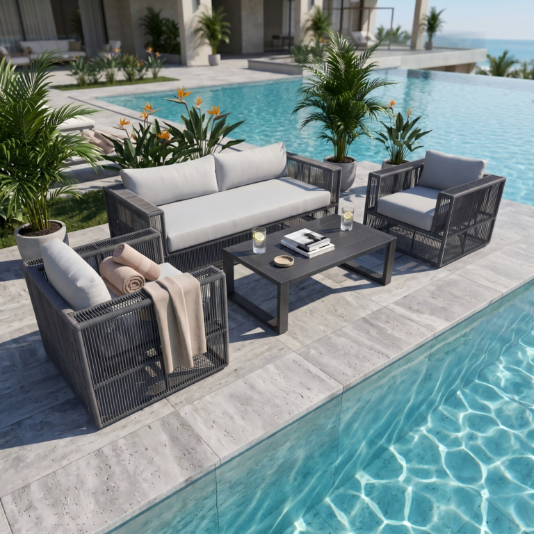 L-shaped grey synthetic rattan sectional sofa with waterproof cushions for resort patios.